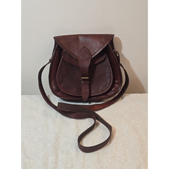 Oklahoma Button  Leather Brown Buckle Crossbody Saddle Bag | 10x8x3 - Picture 1 of 10